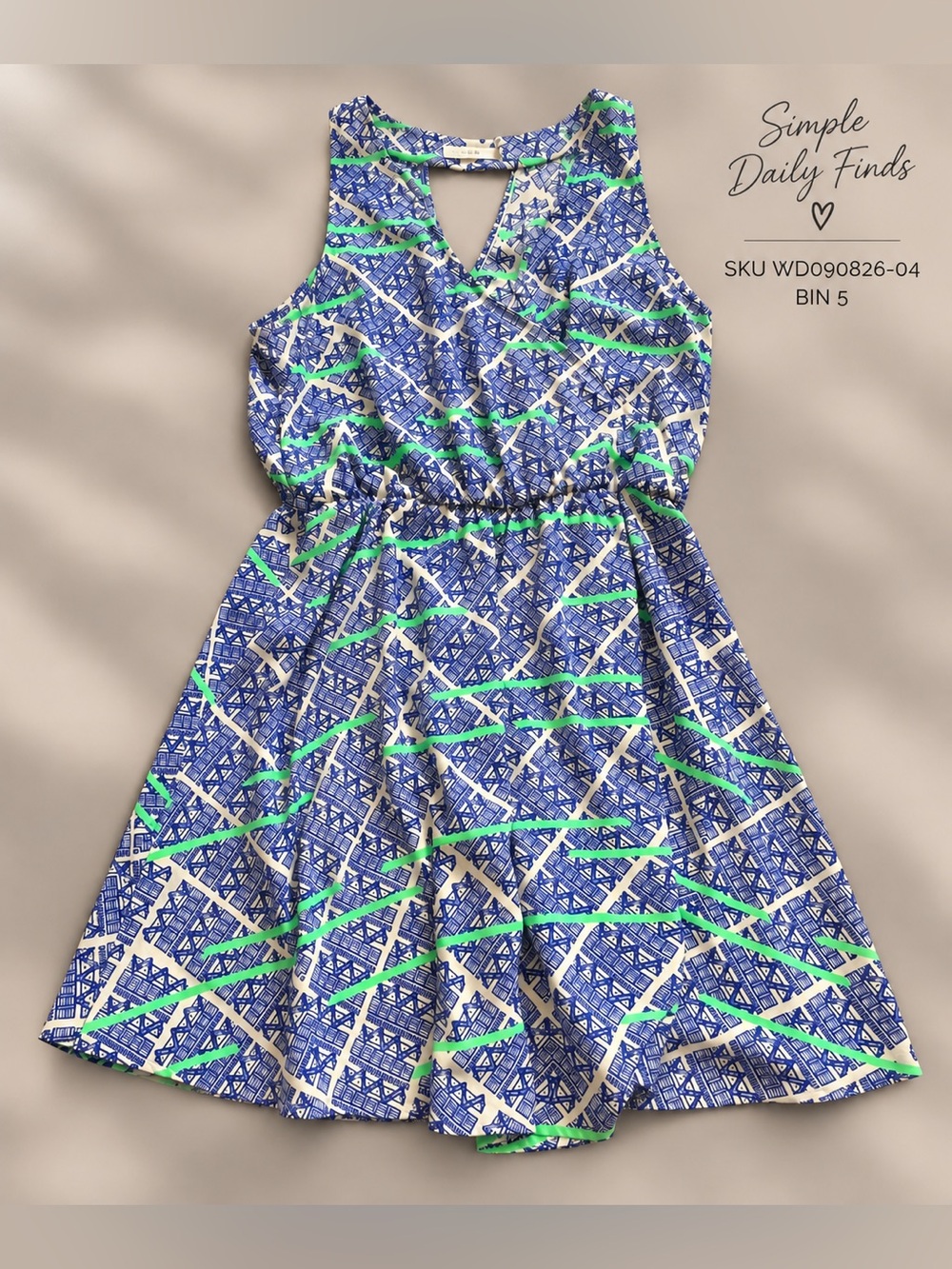 LUSH Kylie Geometric Fit & Flare Skater Dress Blue Green S
